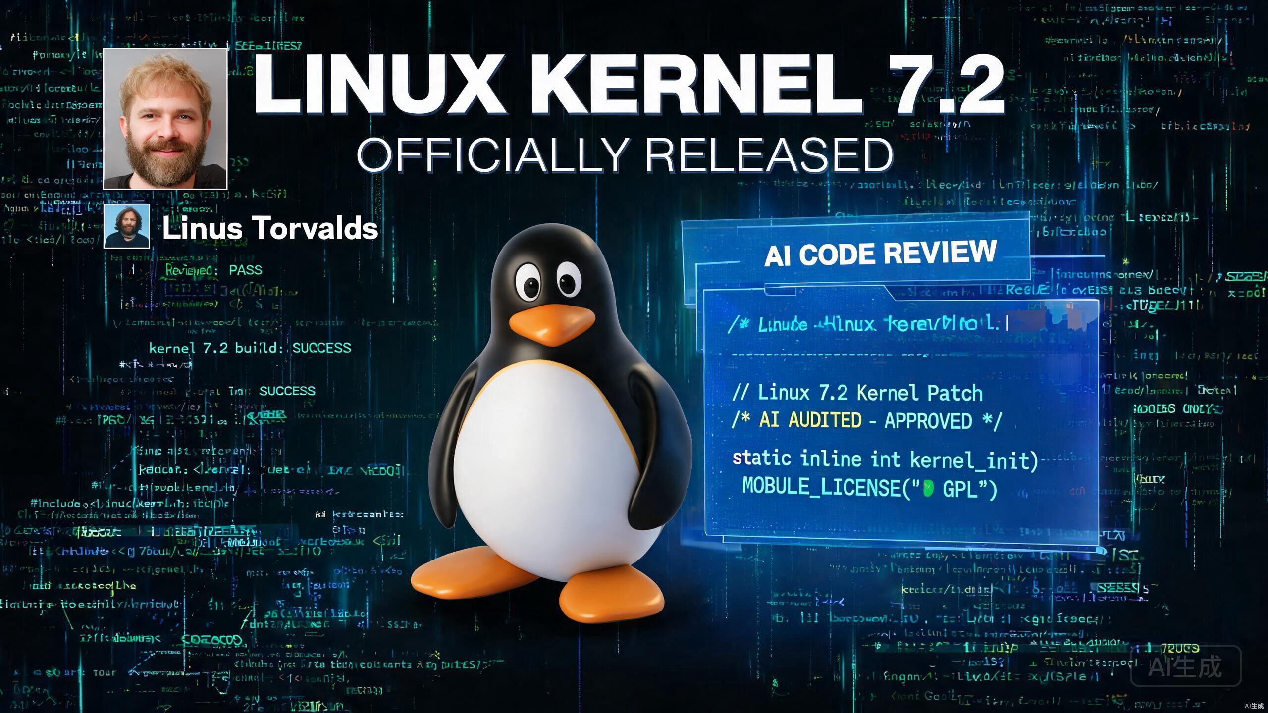 Linux 7.2 内核与AI代码审查概念图 Linux 7.2 内核与AI代码审查概念图