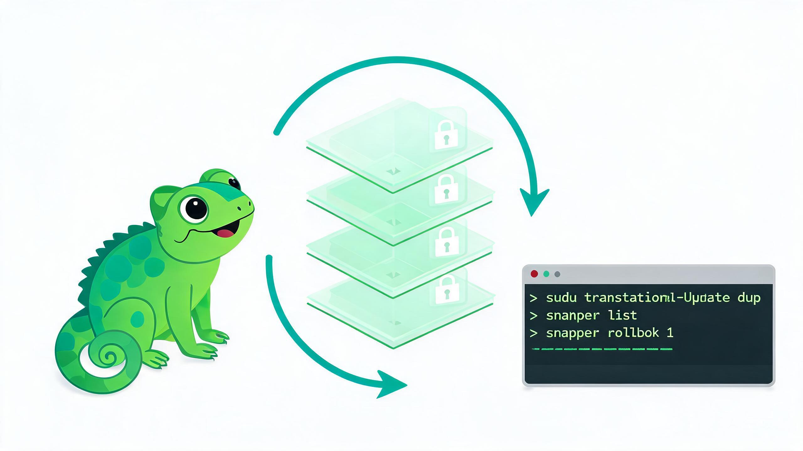 openSUSE Leap 16.1 RC 的 Immutable Mode 与事务化更新示意 openSUSE Leap 16.1 RC 的 Immutable Mode 与事务化更新示意