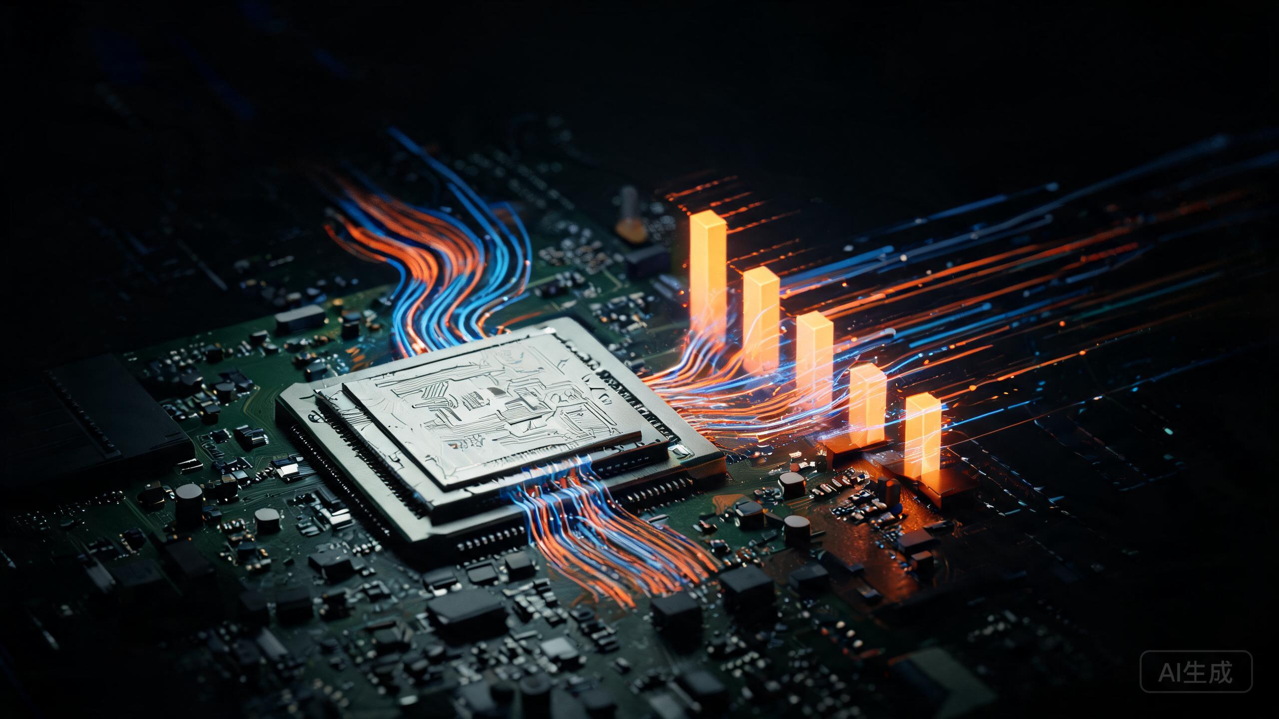 AI 芯片配图:电路板上的 GPU 芯片与下行走势柱状图 AI 芯片配图:电路板上的 GPU 芯片与下行走势柱状图