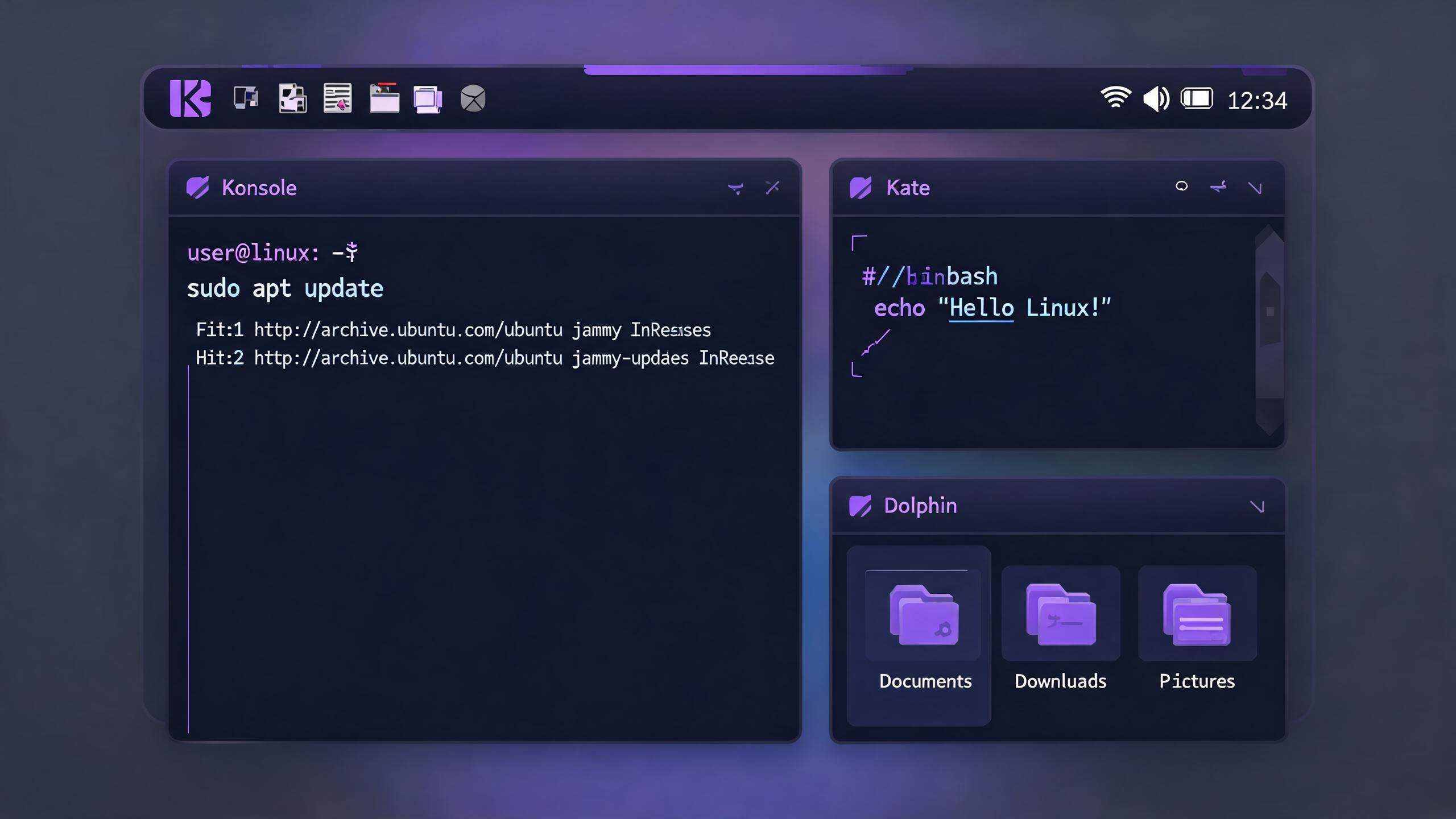 现代 Linux 桌面与平铺窗口概念示意图