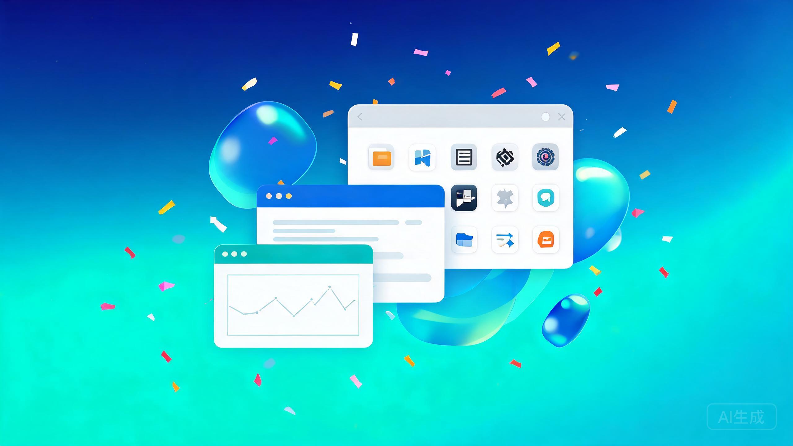 Linux 桌面环境配图:层叠窗口与庆祝彩纸的现代桌面示意 Linux 桌面环境配图:层叠窗口与庆祝彩纸的现代桌面示意